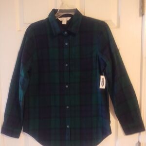 Women's Old Navy Long Sleeve Button Down Shirt Size M . Navy Blue & Green Plaid